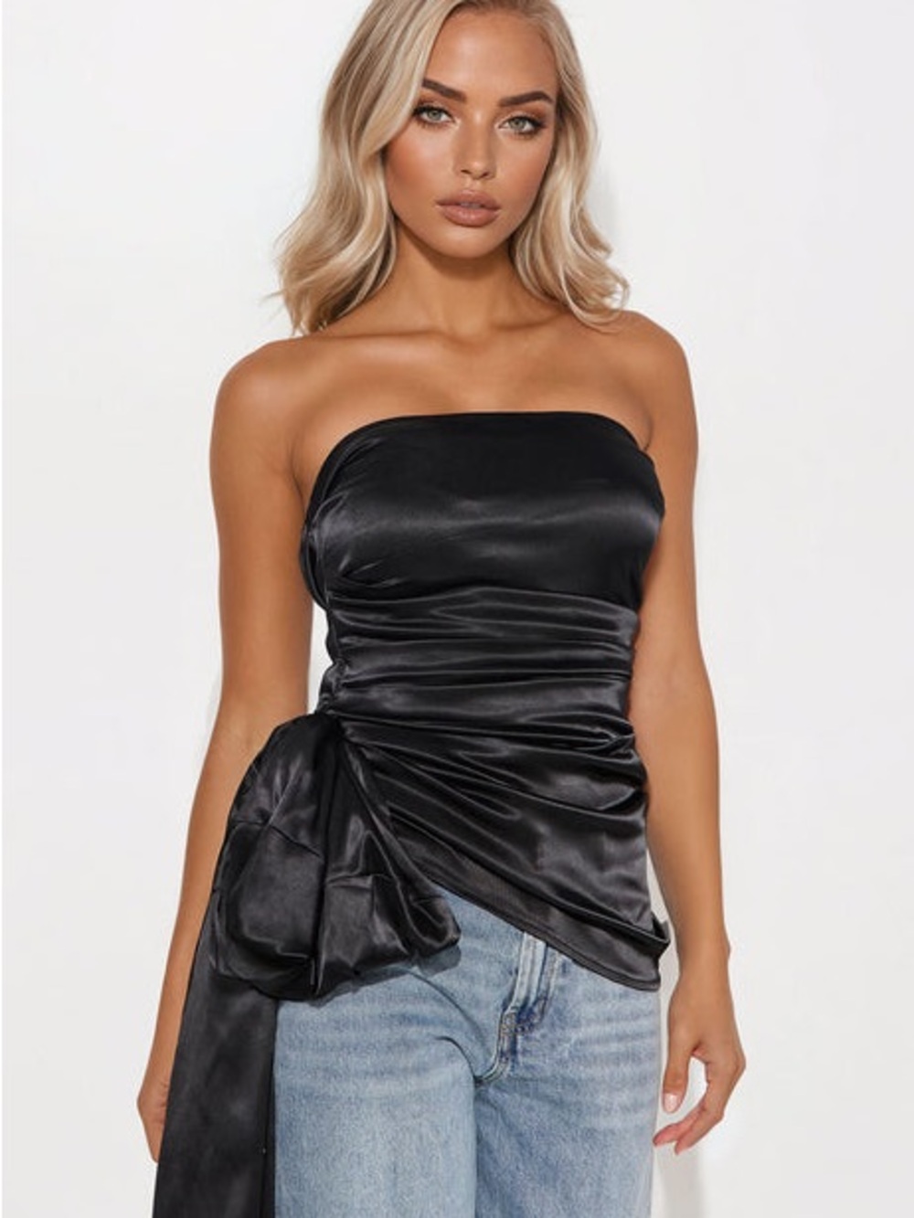 Fashion Nova Black Strapless Satin Side-Tie Bustier Top